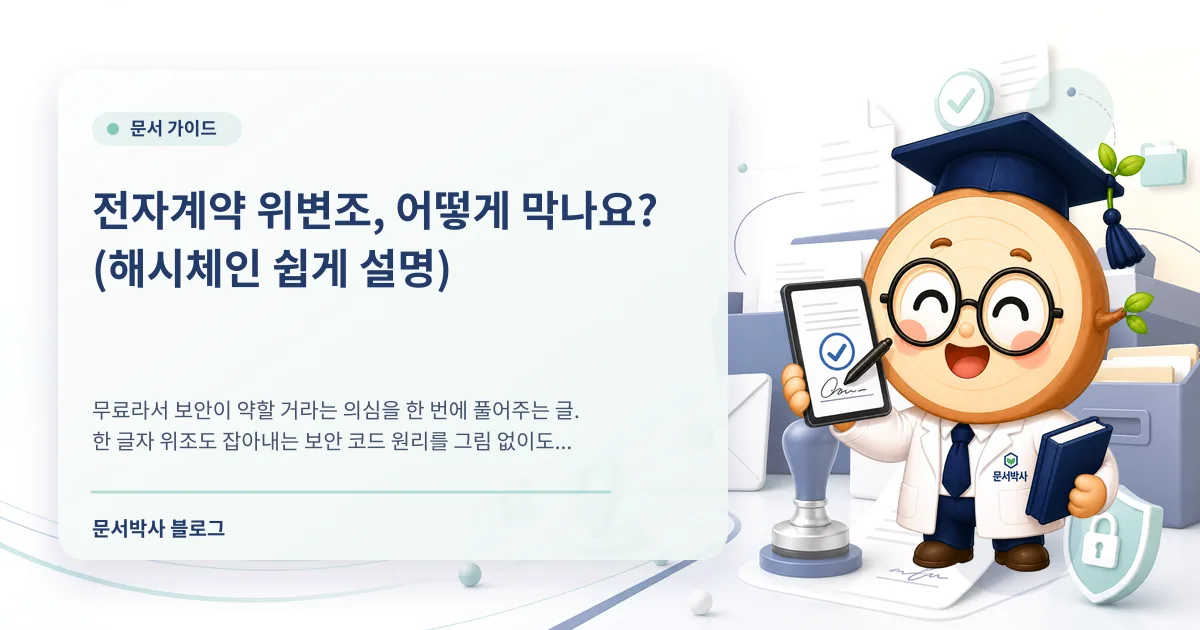전자계약 위변조 방지 원리: SHA-256 해시와 해시체인 배너